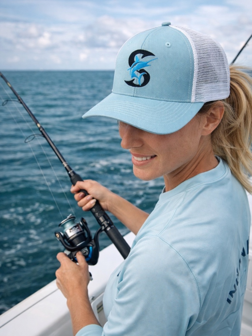 Premium Coastal Fishing Trucker Hat Blue White Snapback